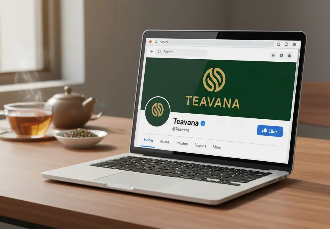A silver laptop on a wooden table displaying the Teavana Facebook page, set next to a steaming glass cup of tea and a teapot.
