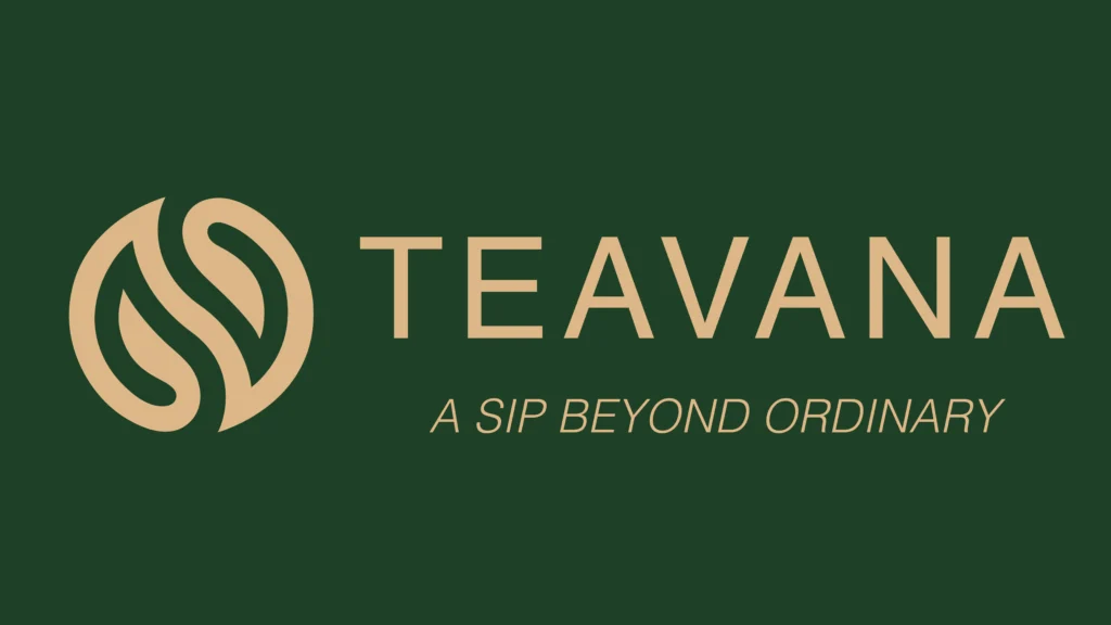 Teavana logo featuring a circular gold icon of stylized tea leaves next to the brand name and the tagline "A SIP BEYOND ORDINARY" on a dark forest green background.
